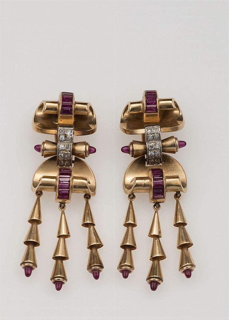 Pair of diamond and synthetic ruby earrings  - Auction Fine Jewels - Cambi Casa d'Aste