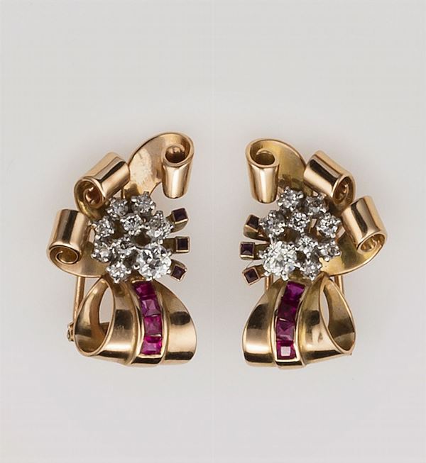 Pair of diamond and synthetic ruby earclips