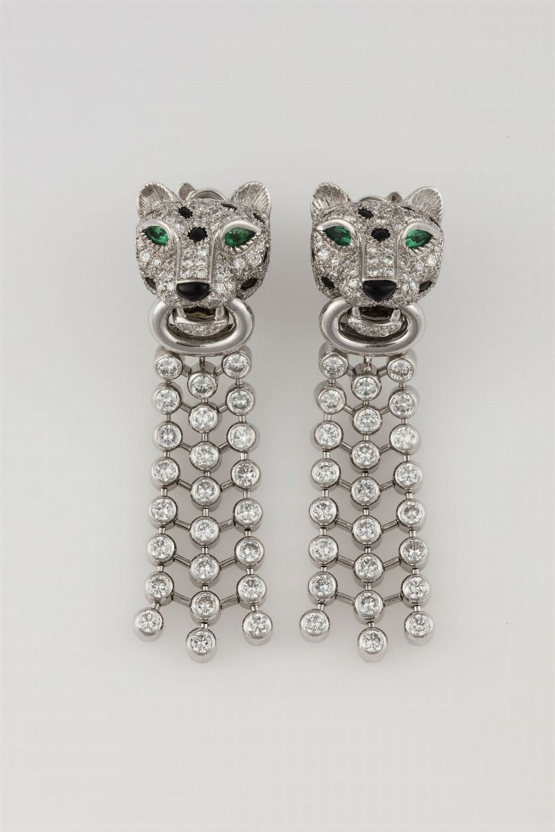 Pair of diamond, emerald, onix and platinum pendent earrings. Signed Cartier???  - Auction Fine Jewels - Cambi Casa d'Aste
