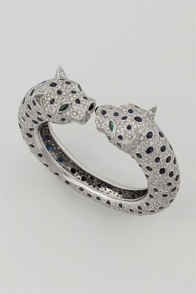 Bracciale Pantere con Pavé di Diamanti, Smeraldi, Zaffiri e Onice
