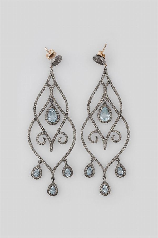 Pair of diamond and aquamarine pendent earrings