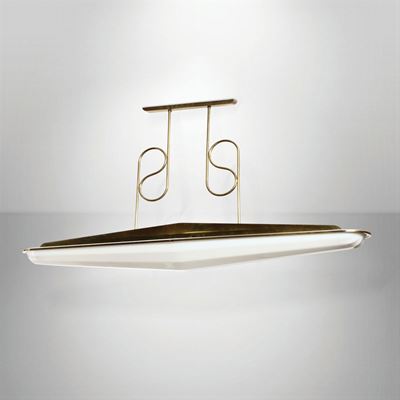Lampada a Sospensione con Struttura in Ottone e Metallo Laccato. Diffusore in Perspex.