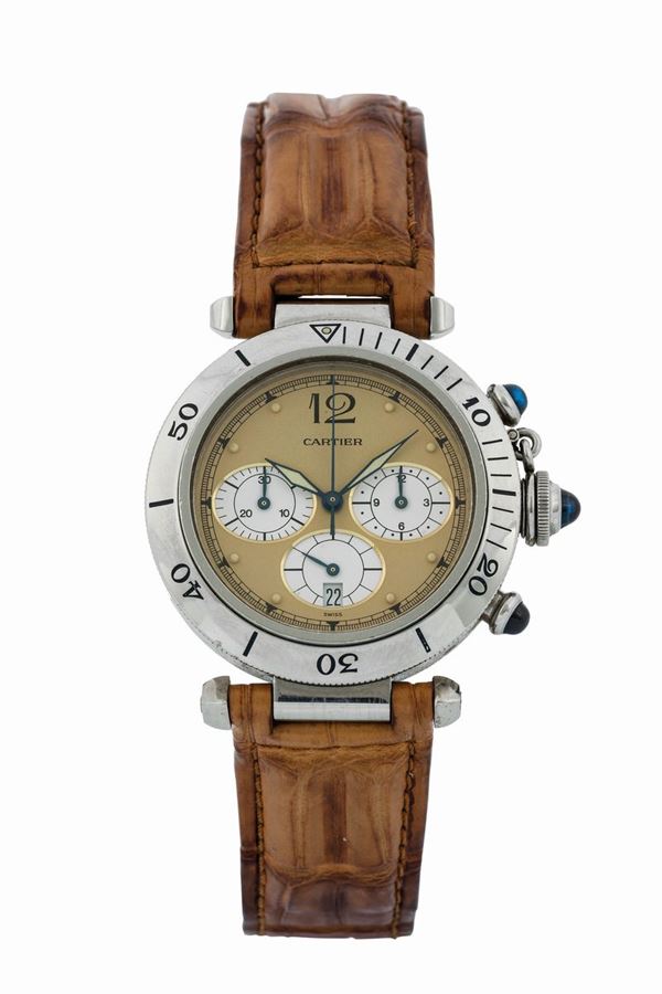  Cartier, Pasha, Ref.1032. Orologio da polso, cronografo in acciaio, al quarzo con datario e chiusura deployante originale. Realizzato nel 1990 circa