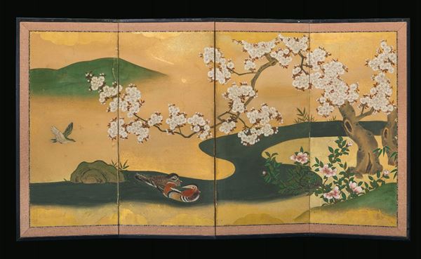 Paravento a quattro ante con pannelli in seta con decoro naturalistico di anatre entro paesaggio con ciliegio in fiore su sfondo dorato, Giappone, epoca  Meiji, XIX secolo