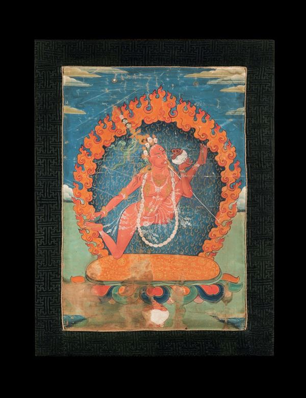 Coppia di thangka su seta con al centro figure di Vajradhara Buddha e Nairatmya, Tibet, XVIII secolo