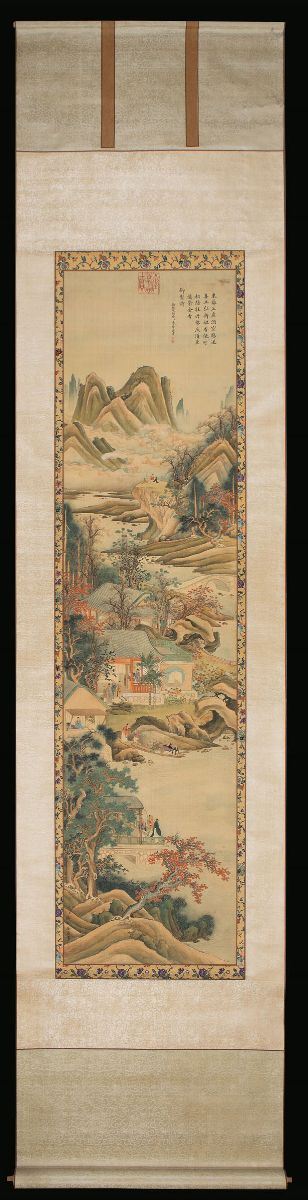 Dipinto su seta raffigurante paesaggio con scena di vita comune e iscrizione, Cina, XX secolo  - Asta Fine Chinese Works of Art - Cambi Casa d'Aste