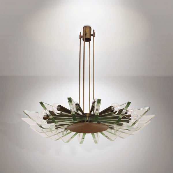 Set of 6 vintage chandeliers in brass and opaline glass for Arredoluce  Monza, Italy 1950