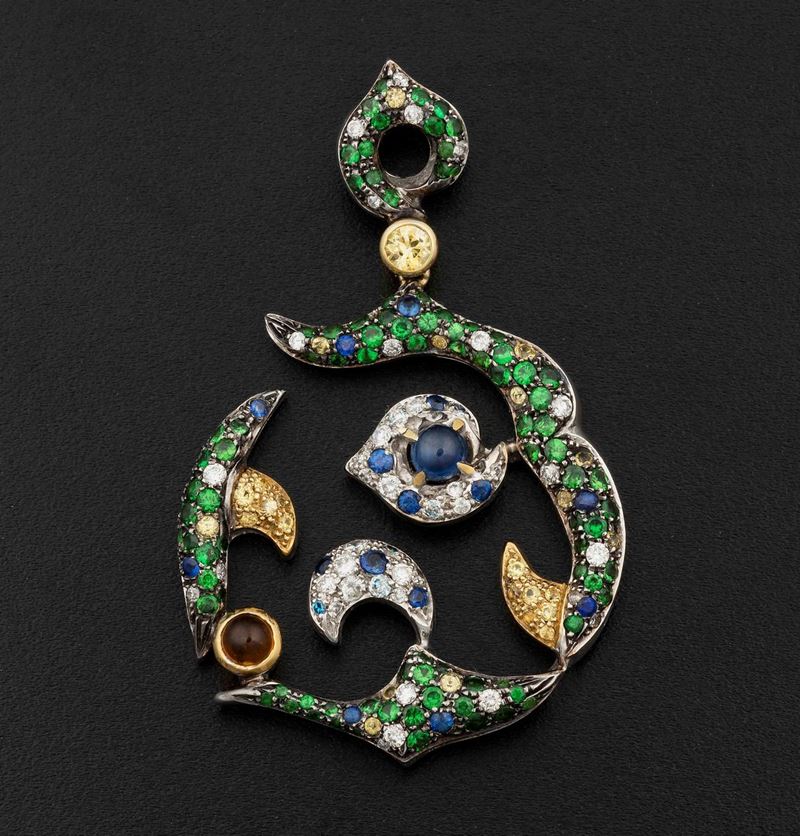 Diamond, sapphire and tzavorite pendant  - Auction Fine Jewels - Cambi Casa d'Aste