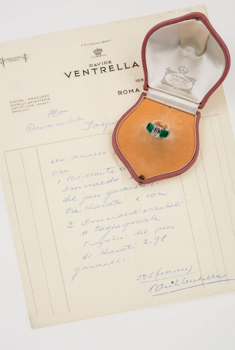 Emerald-cut diamond, emerald and platinum ring  - Auction Fine Jewels - Cambi Casa d'Aste