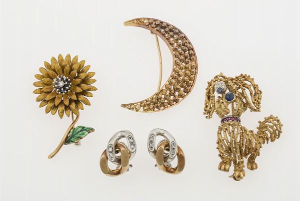 Three gold brooches and a pair of earrings