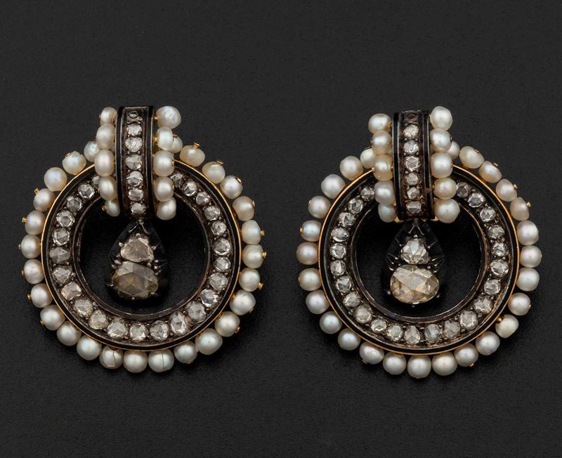 Pair of rose-cut diamond, pearl, gold and silver earrings  - Auction Fine Coral Jewels - I - Cambi Casa d'Aste