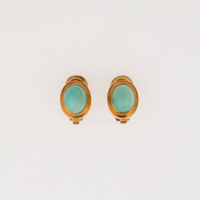 Pair of turquoise and gold earrings. Signed Bulgari