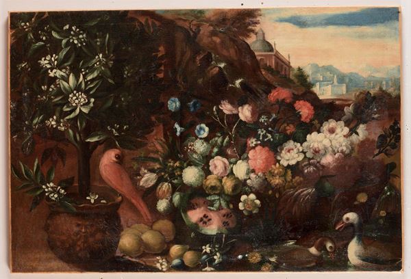 Scuola fiamminga del XVII secolo Natura morta in paesaggio con fiori, frutta e volatili