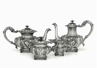 Servizio da Tè e Caffè in Argento Fuso, Sbalzato e Cesellato. Italia, Secondo Quarto del XX Secol...