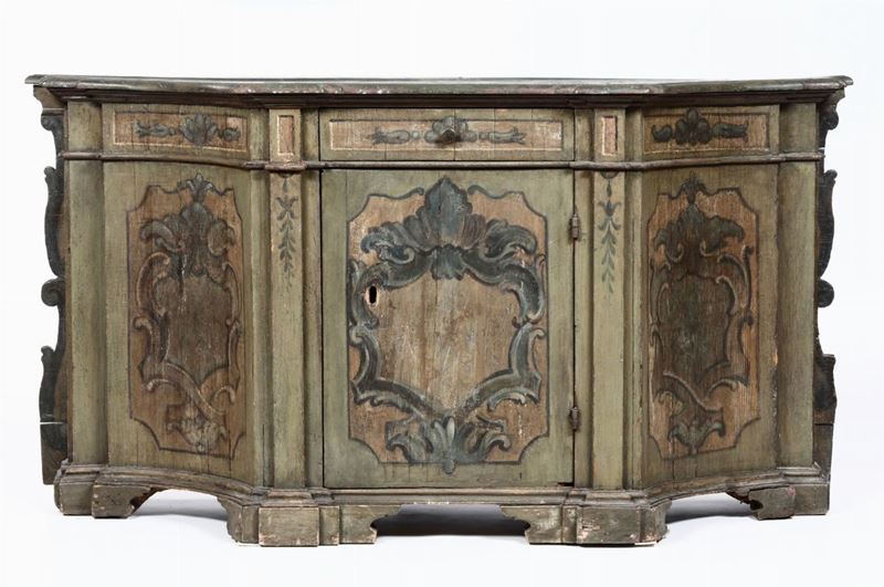 Credenza scantonata in legno dipinto, Marche XVIII secolo  - Auction Furnitures, Paintings and Works of Art - Cambi Casa d'Aste