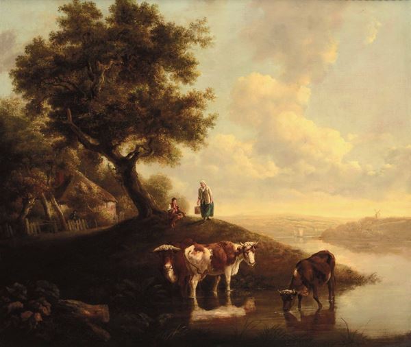 Paulus Potter (EnkhuizenÂ 1625 - Amsterdam 1654) Paesaggio con figure e bestiame