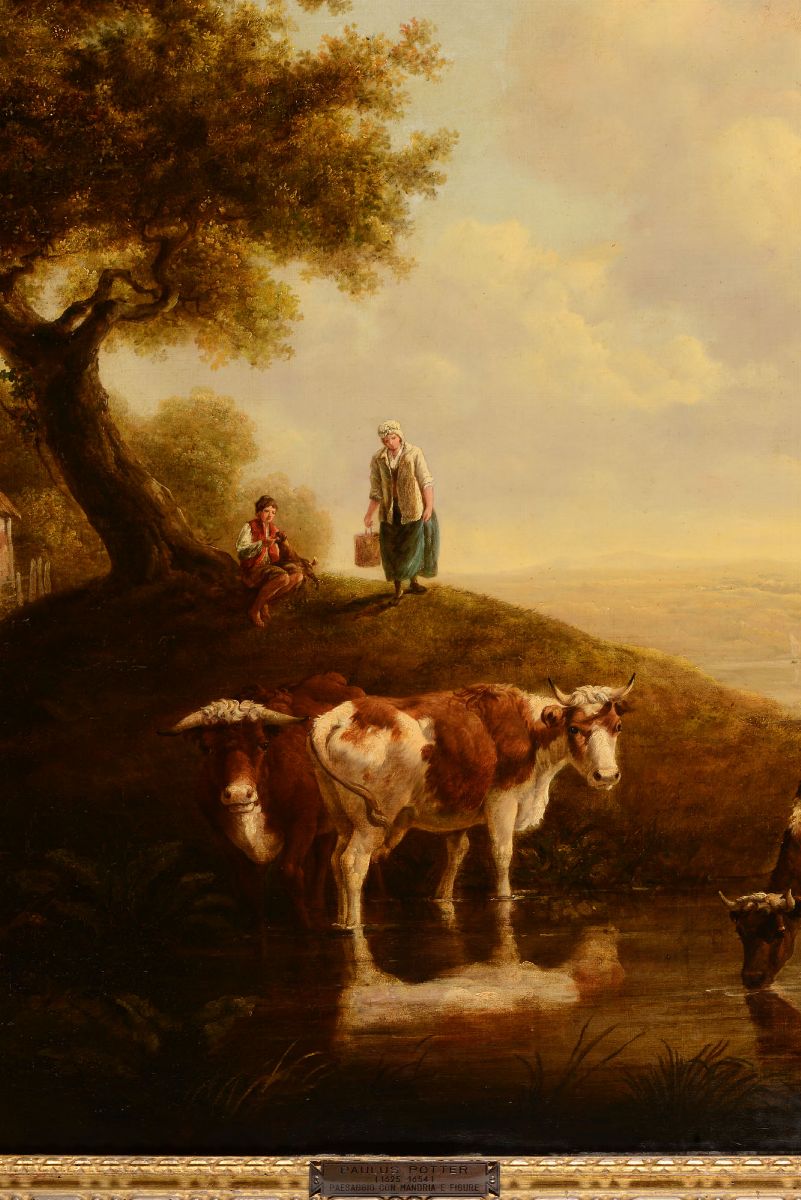 Paulus Potter (1625-1654)paesaggio con Figure e Bestiame