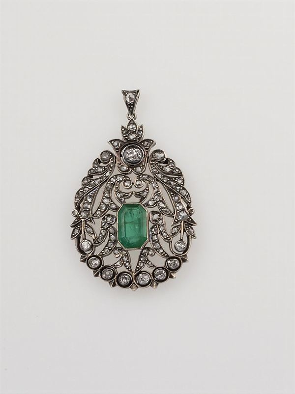 Emerald, old-cut diamond and silver pendant
