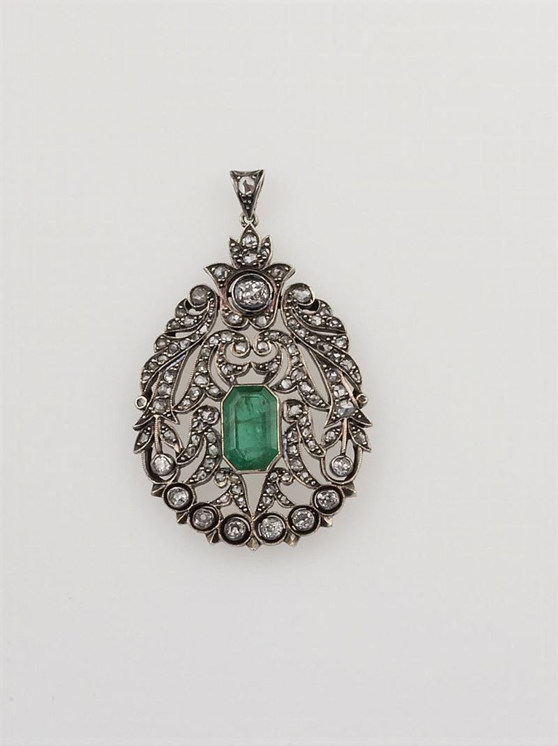 Emerald, old-cut diamond and silver pendant  - Auction Fine Jewels - Cambi Casa d'Aste
