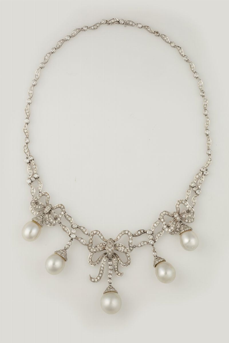 Cultured pearl and diamond necklace  - Auction Jewels Timed Auction - Cambi Casa d'Aste