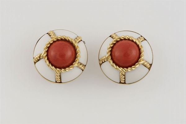 Pair of enamel and coral earrings. Signed Seaman Schepps