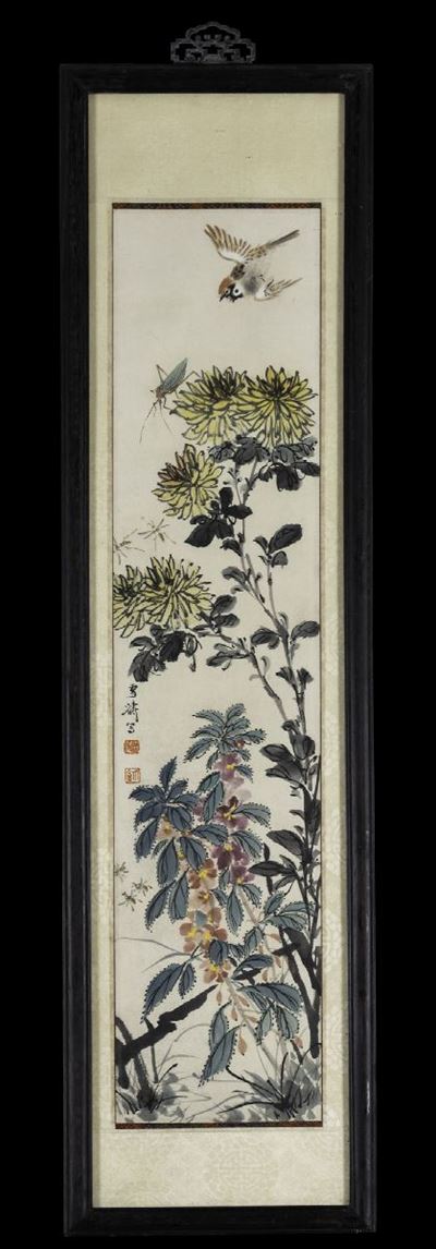Quattro Dipinti su Carta Raffiguranti Scene Naturalistiche con Volatili, Fiori e Iscrizioni, Cina...