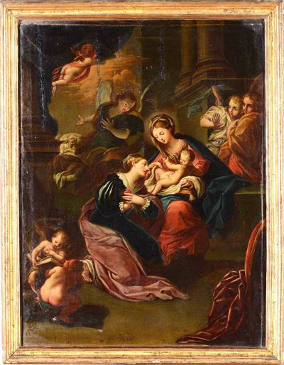 Scuola Genovese del XVII Secolomadonna con Bambino, Angeli e Figura di Adorante