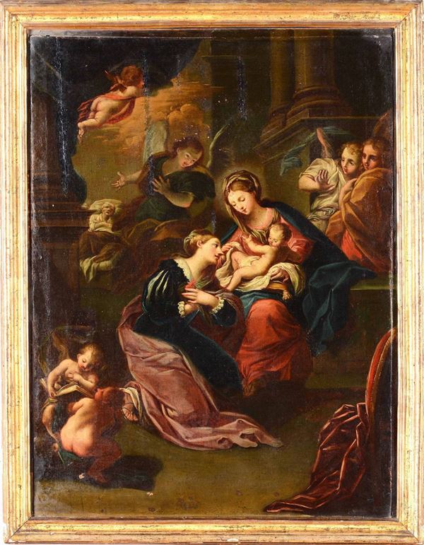 Scuola genovese del XVII secolo Madonna con Bambino, angeli e figura di adorante