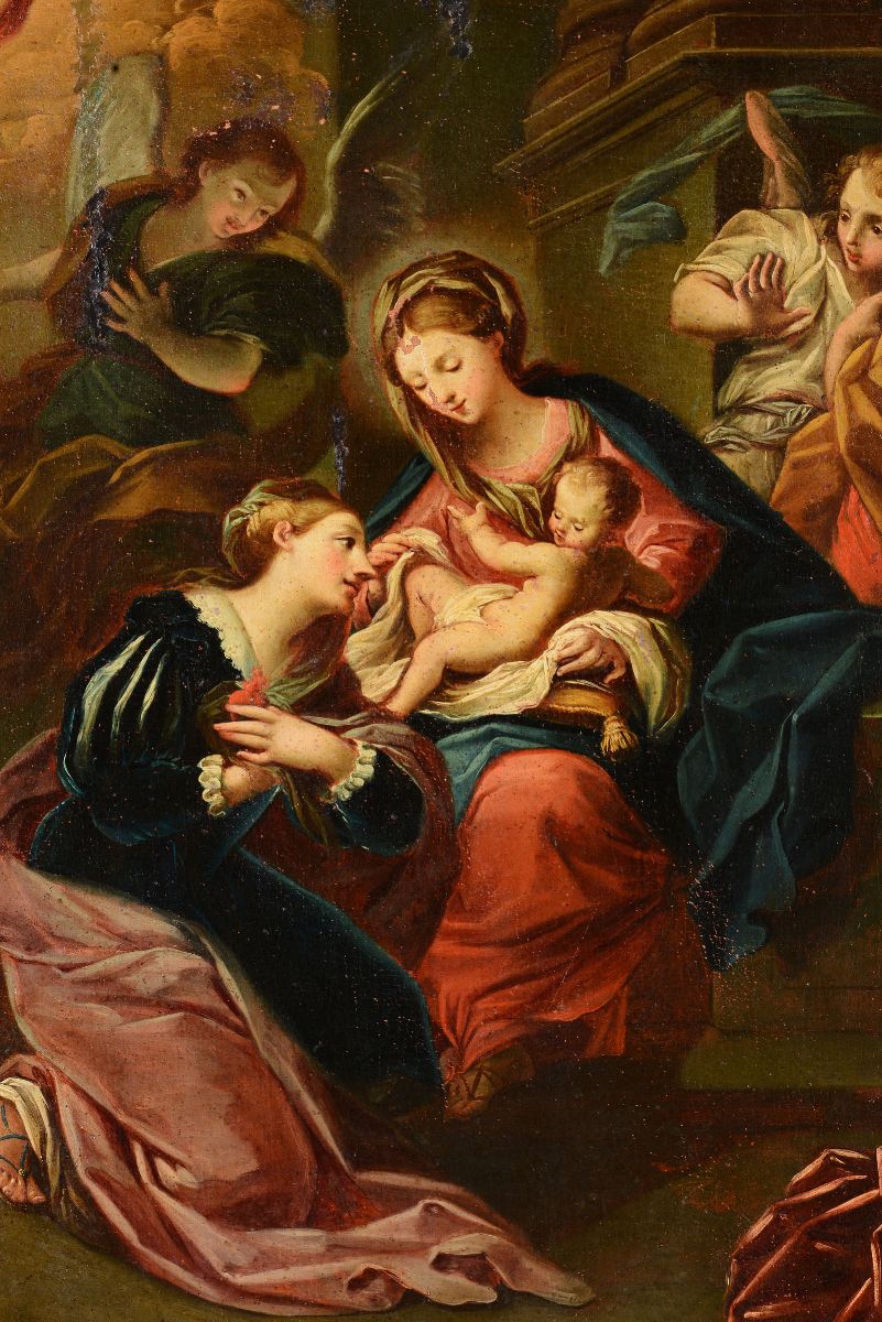 Scuola Genovese del XVII Secolomadonna con Bambino, Angeli e Figura di Adorante
