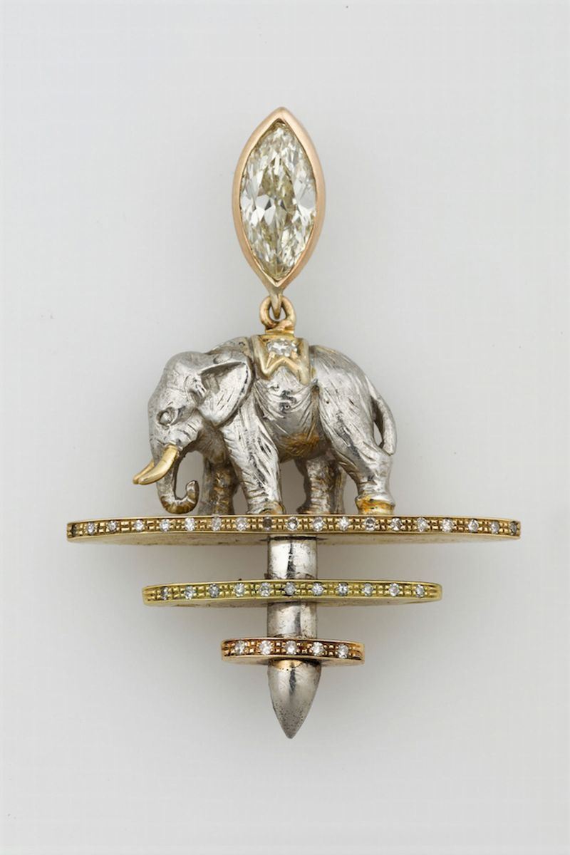 Diamond, platinum and gold Elephant pendant. Signed and numbered Cartier Paris - Londres - New York 19928  - Auction Fine Jewels - Cambi Casa d'Aste