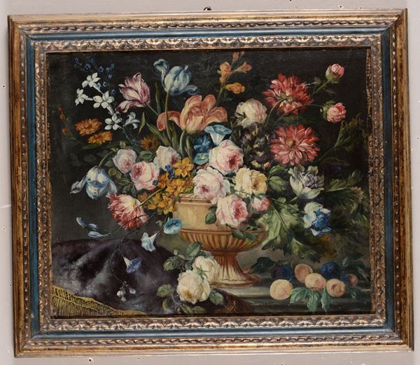 Pittore del XIX-XX secolo Coppia di Nature morte con fiori e frutta