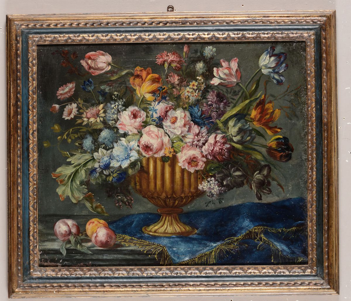 Pittore del XIX-XX Secolocoppia di Nature Morte con Fiori e Frutta