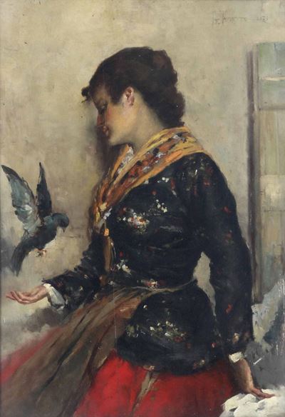 Egisto Lancerotto (1847-1916), Copia Dafigura Femminile con Colombi