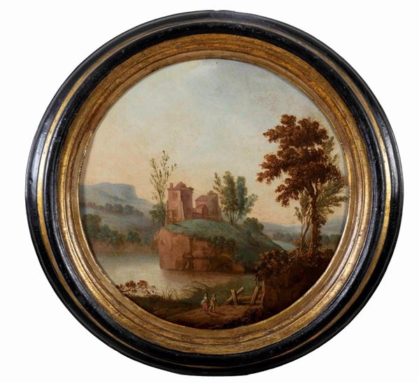 Scuola fiamminga del XVIII secolo Paesaggi con figure