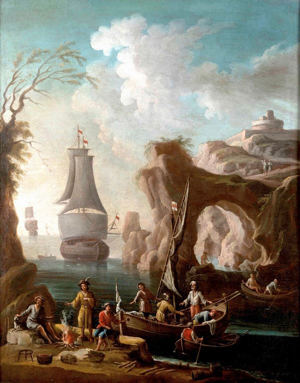 Francesco Antoniani (?-1775) Paesaggi costieri con imbarcazioni