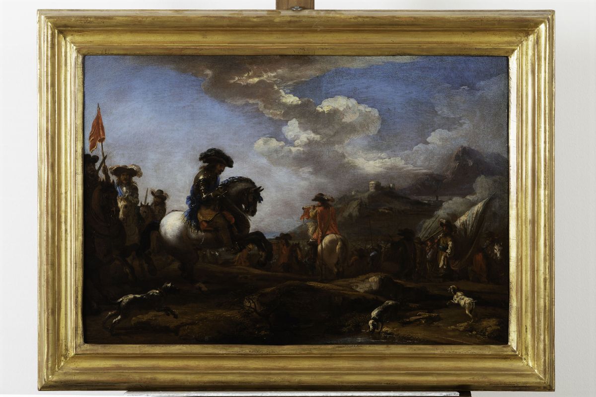 Jaques Courtois Detto il Borgognone (saint Hyppolite 1621 - Roma 1676)scena di Adunata delle Trup...