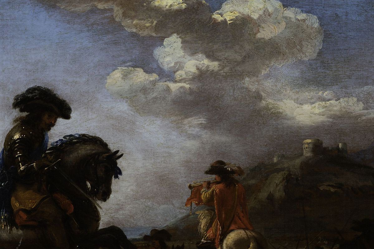 Jaques Courtois Detto il Borgognone (saint Hyppolite 1621 - Roma 1676)scena di Adunata delle Trup...