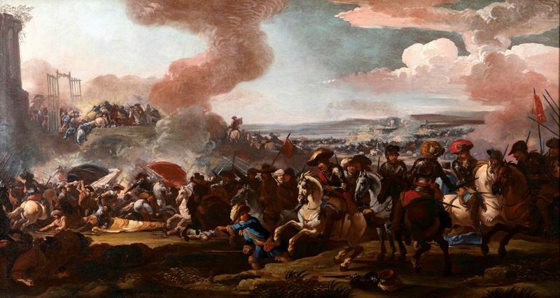 Marzio Masturzo (attivo a Napoli nel 1670) Scontro di cavalleria  - Asta Dipinti Antichi - Cambi Casa d'Aste