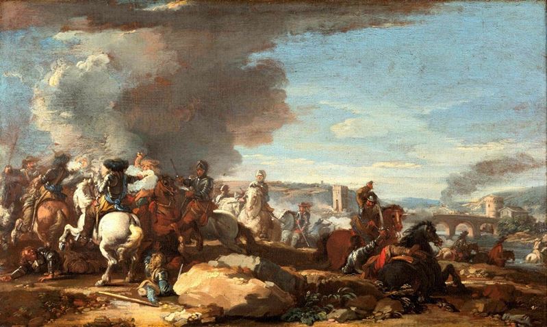 Pandolfo Reschi (1643-1699) Battaglia con città sullo sfondo  - Asta Dipinti Antichi - Cambi Casa d'Aste