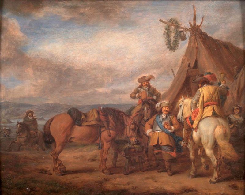 Pieter Wouwerman (1623-1682) Accampamento con soldati a riposo  - Asta Dipinti Antichi - Cambi Casa d'Aste