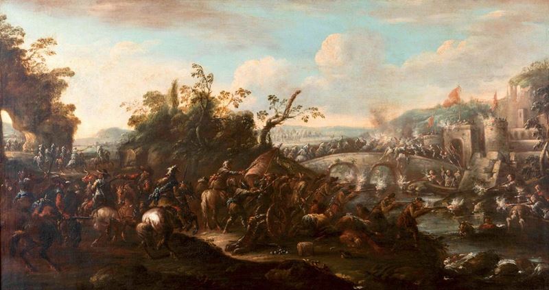 Pietro Graziani (attivo a Napoli tra la fine del XVII secolo e gli inizi del XVIII) Scena con presa di città  - Auction Old Master Paintings - Cambi Casa d'Aste