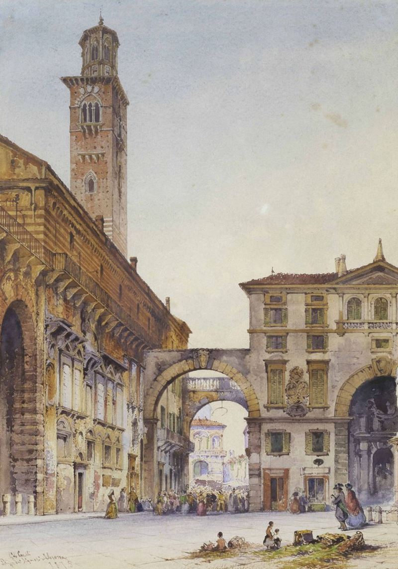 Gabriele Carelli (1820-1900) Piazza dei Signori a Verona  - Asta Dipinti del XIX e XX Secolo - Cambi Casa d'Aste
