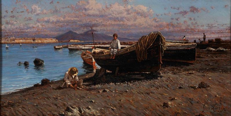 Giuseppe Laezza (1835-1905) Barche e pescatori  - Asta Dipinti del XIX e XX secolo - Cambi Casa d'Aste
