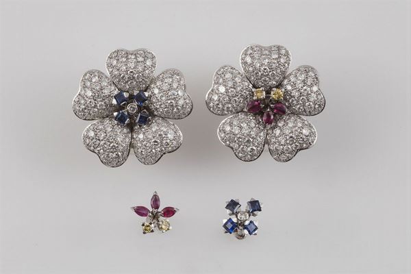Pair of diamond and sapphire earrings. Possibility of replacing the central part with ruby and yellow diamond
