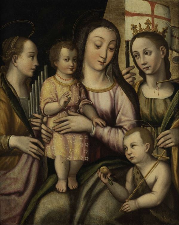 Scuola emiliana della fine del XVI secolo Madonna con Bambino e sante martiri