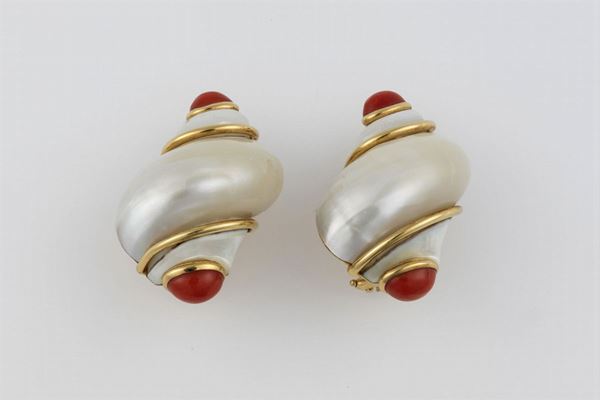 Pair of Turbo Shell earrings with mother of pearl and coral.  Signed Seaman Schepps