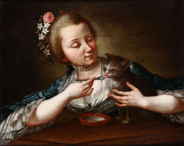 Scuola veneta del XVIII secolo Ritratto di dama con gattino