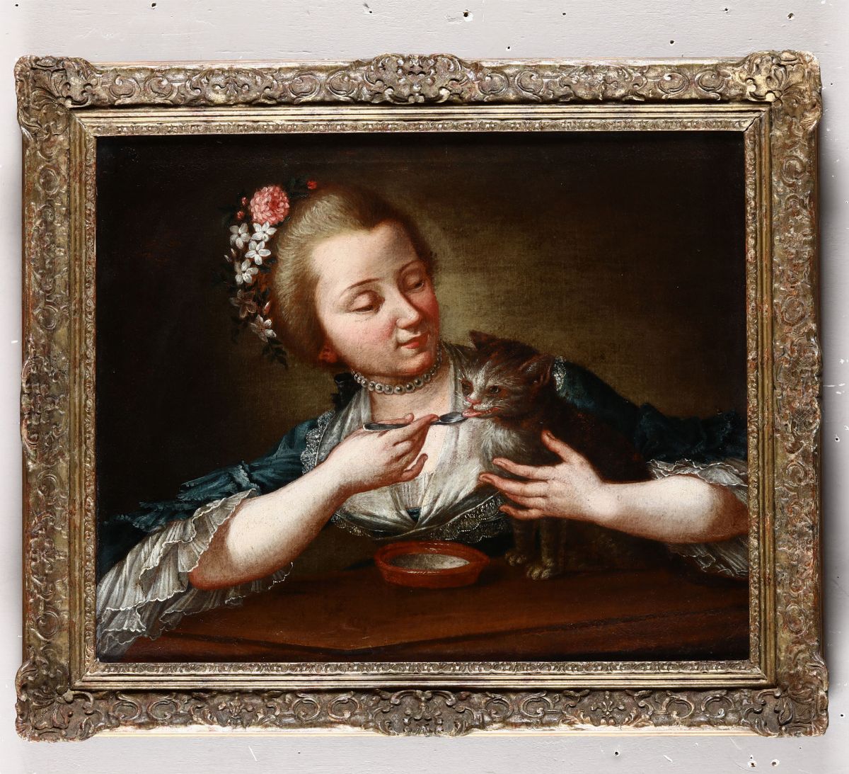 Scuola Veneta del XVIII Secoloritratto di Dama con Gattino