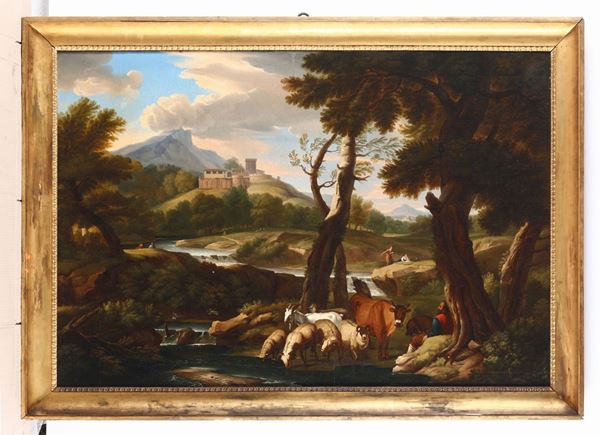 Pieter Mulier detto il Tempesta (Haarlem 1637 - Milano 1701) Paesaggio con pastori e armenti