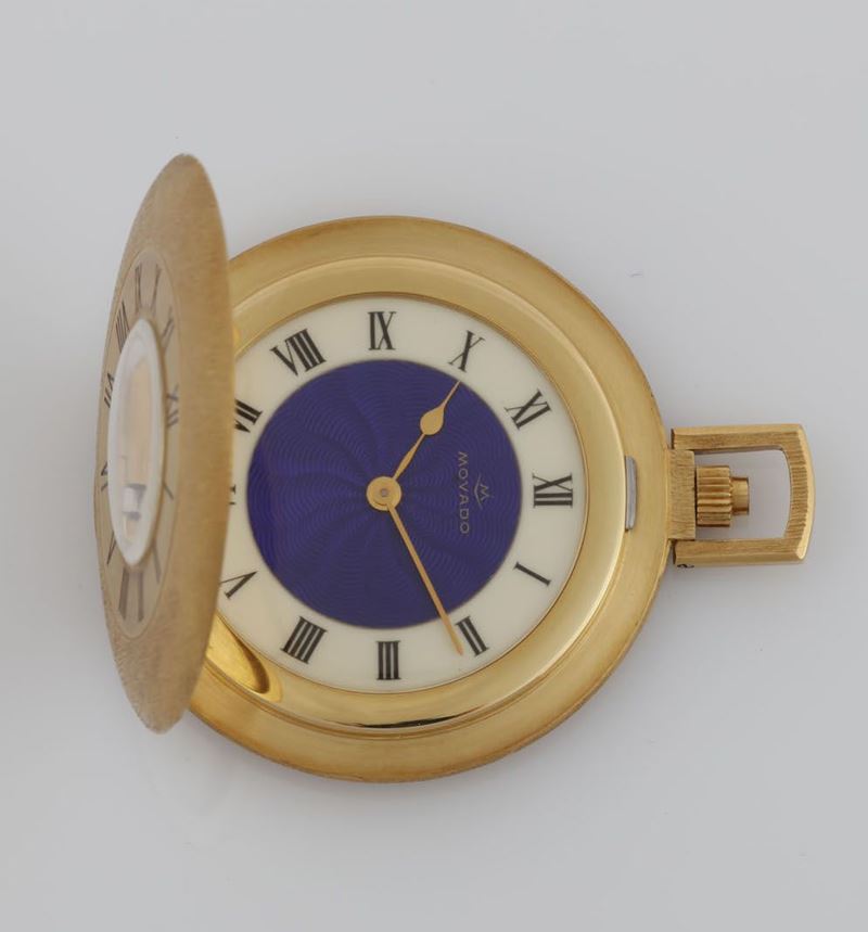 Movado, case No. 246217. Very fine, 18K yellow gold half-hunter case pocket watch with blu enamel sunburst dial. Made circa 1950.  - Auction Watches - Cambi Casa d'Aste